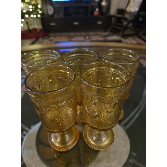Vintage American Condord Amber By Brockway Glass Co. Goblets Set Of 5 - Picture 2 of 4